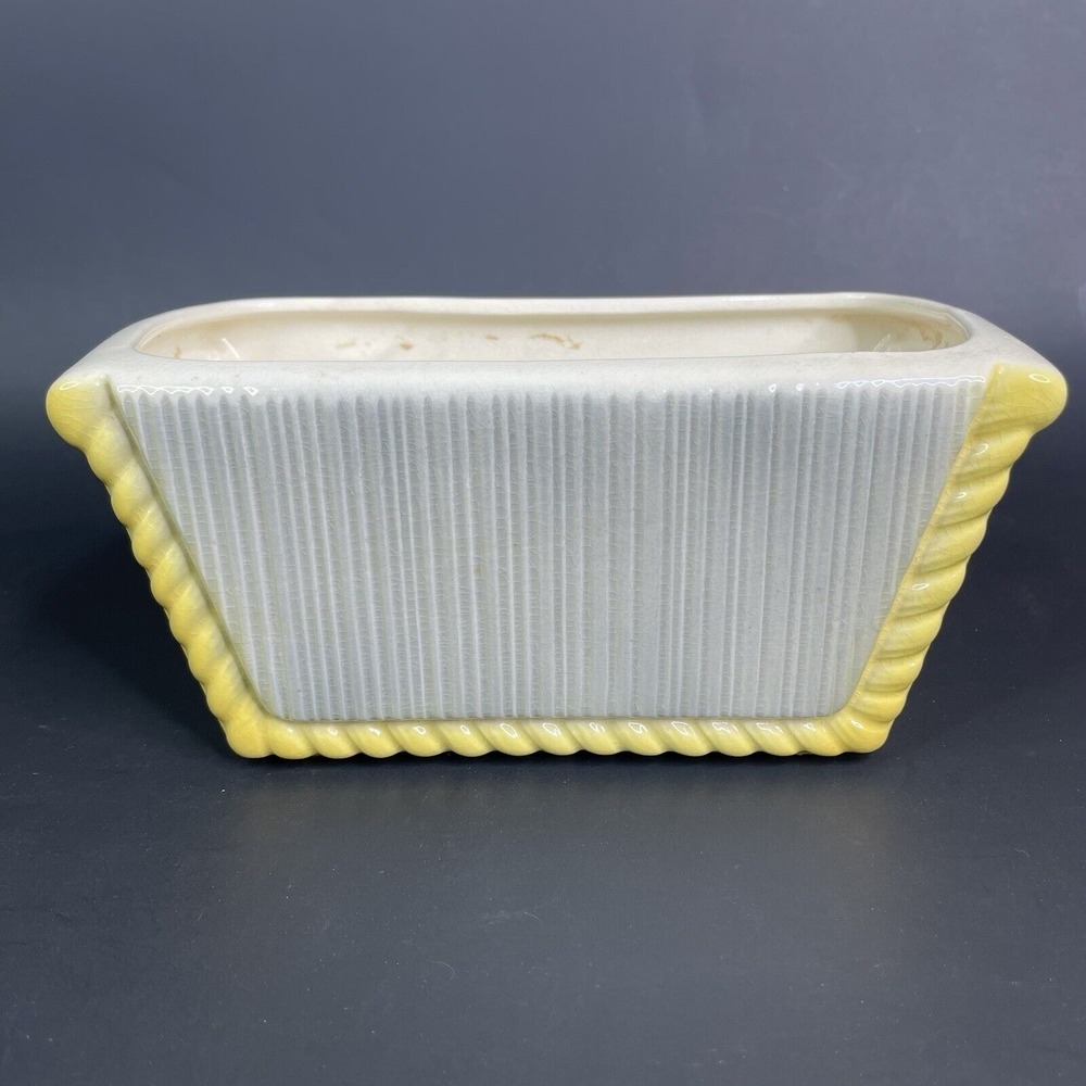 Vintage MCM Rectangle Planter‎ Vertical Textured Lines Rope Edge Yellow Gray